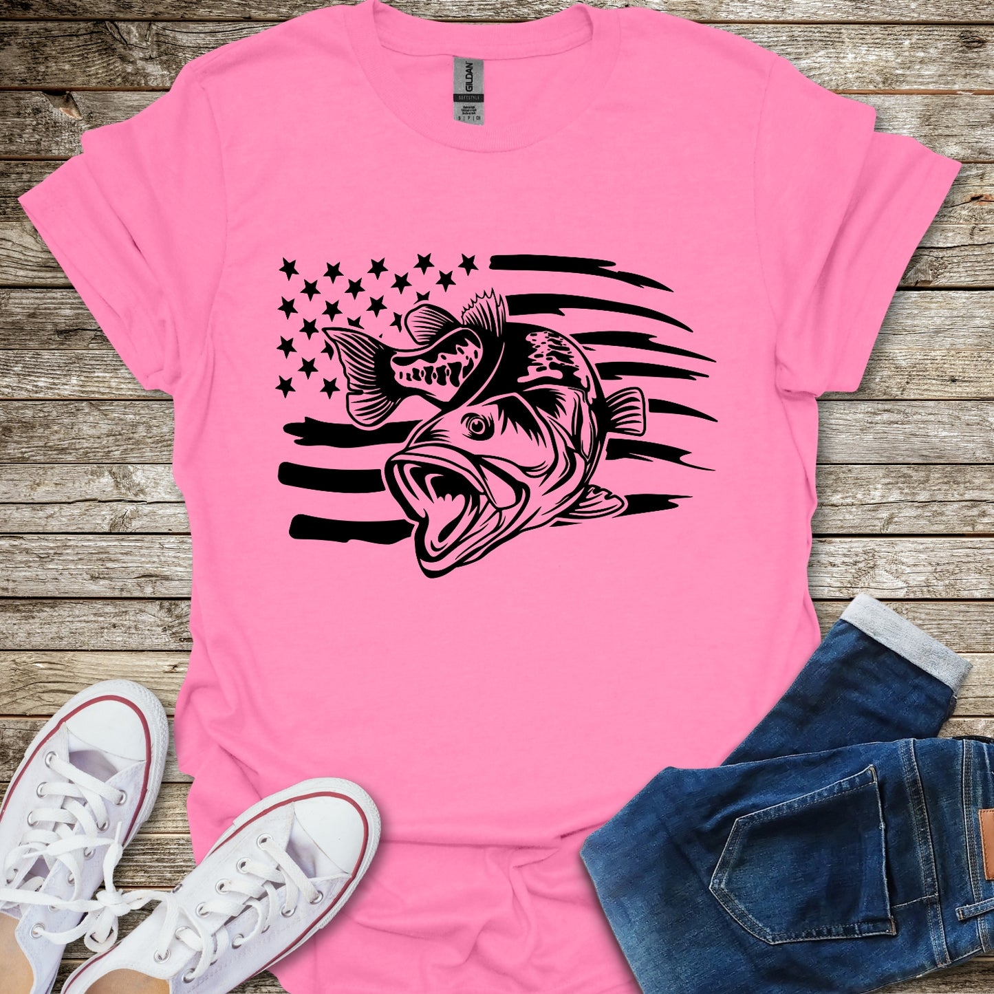 Bass Fishing American Flag T-Shirt