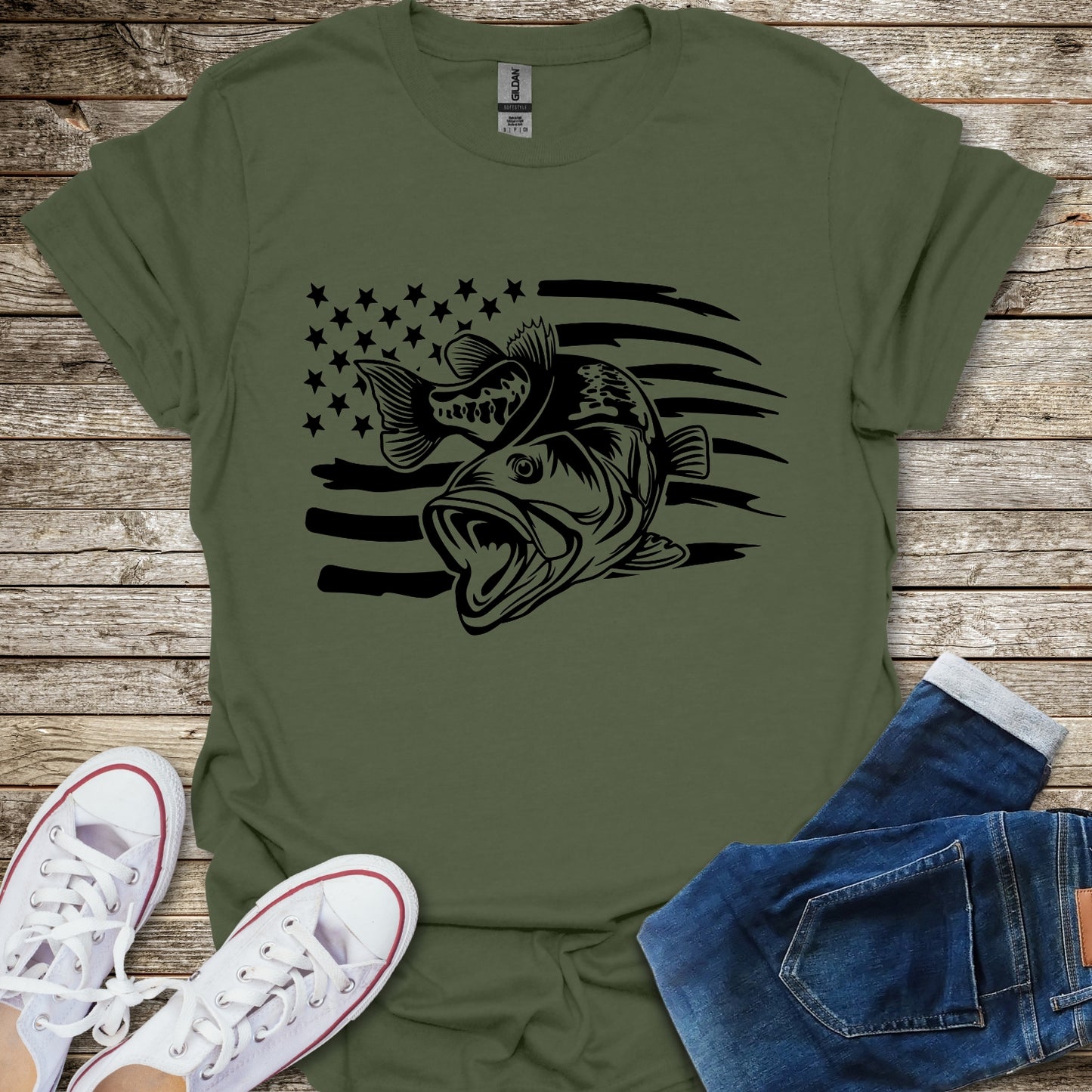 Bass Fishing American Flag T-Shirt