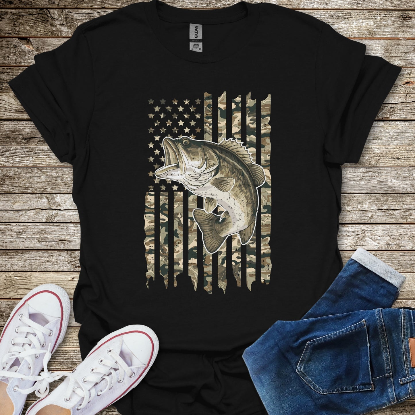 Camo Bass USA Flag T-Shirt