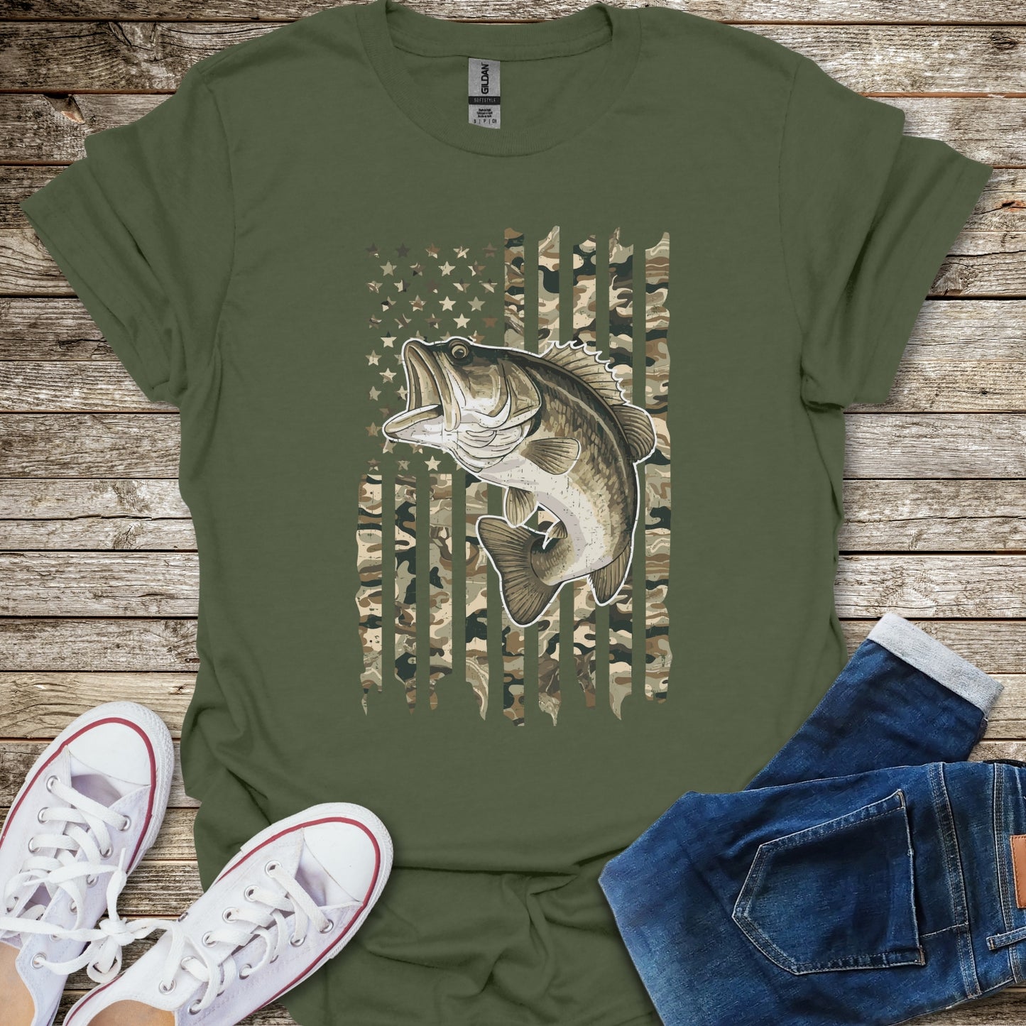 Camo Bass USA Flag T-Shirt